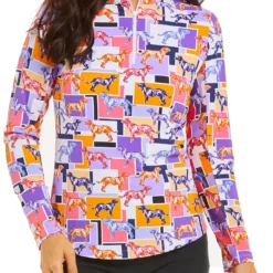 IBKUL Women's Long Sleeve Zip Mock Neck Golf Shirt Radmodog Orange/plum