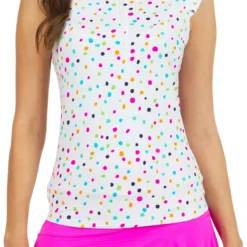 IBKUL Women's Sleeveless Evelyn Print 1/4 Zip Ruffle Golf Polo Evelyn White Multi