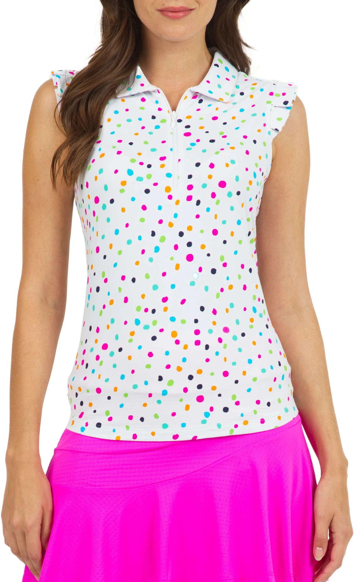 IBKUL Women's Sleeveless Evelyn Print 1/4 Zip Ruffle Golf Polo Evelyn White Multi 3 IBKUL Women's Sleeveless Evelyn Print 1/4 Zip Ruffle Golf Polo Evelyn White Multi