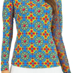 IBKUL Women's Long Sleeve Scarlet Print Crew Neck Golf Polo Scarlet Blue Multi