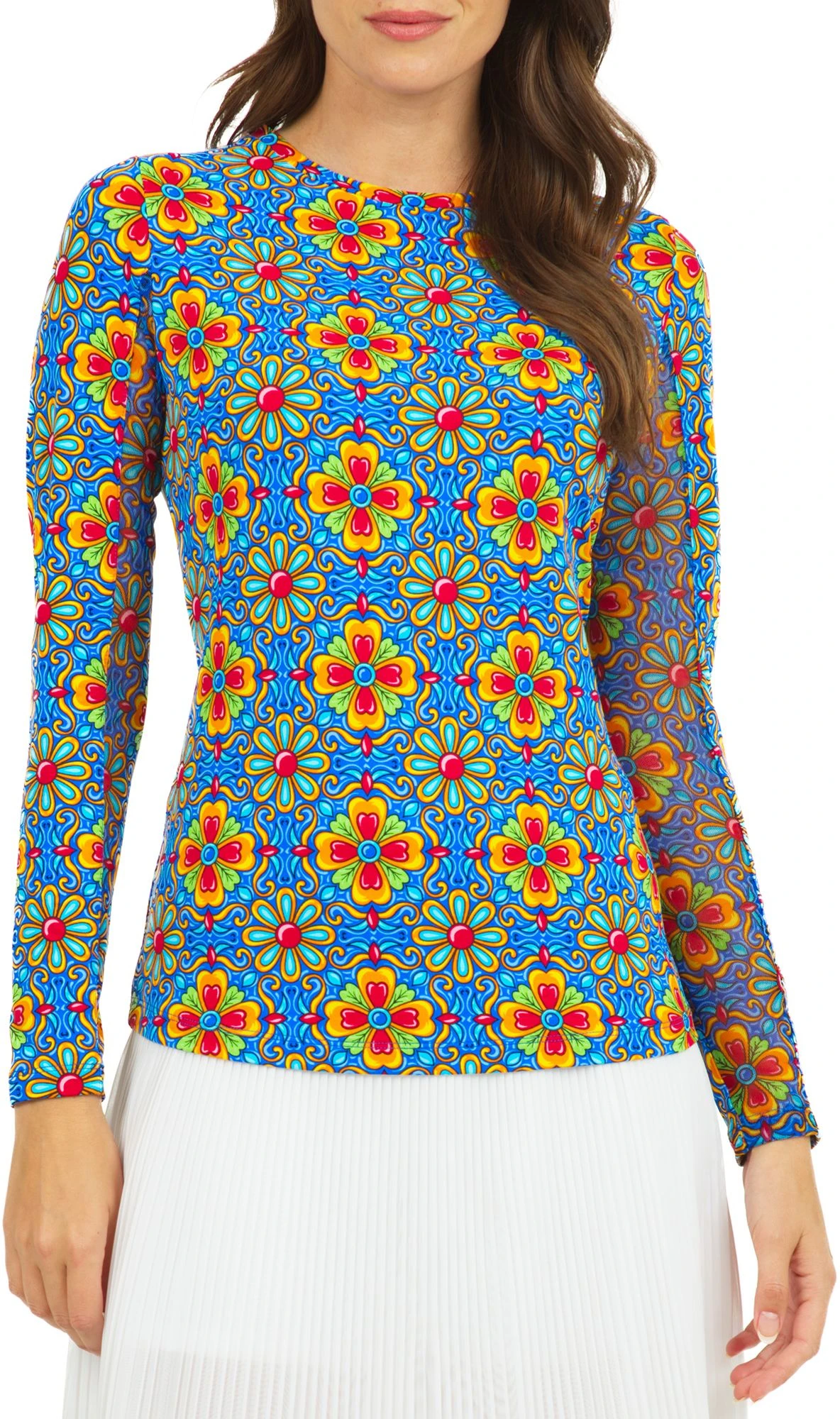 IBKUL Women's Long Sleeve Scarlet Print Crew Neck Golf Polo Scarlet Blue Multi 3 IBKUL Women's Long Sleeve Scarlet Print Crew Neck Golf Polo Scarlet Blue Multi