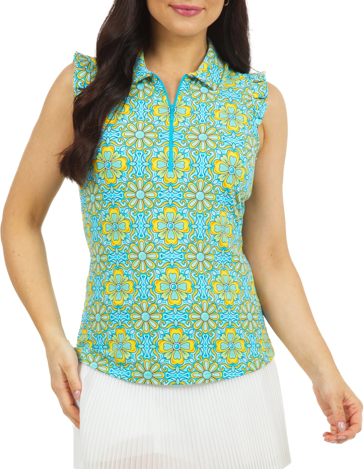 IBKUL Women's Sleeveless Scarlet Print 1/4 Zip Ruffle Golf Polo Scarlet Turq Multi 3 IBKUL Women's Sleeveless Scarlet Print 1/4 Zip Ruffle Golf Polo Scarlet Turq Multi