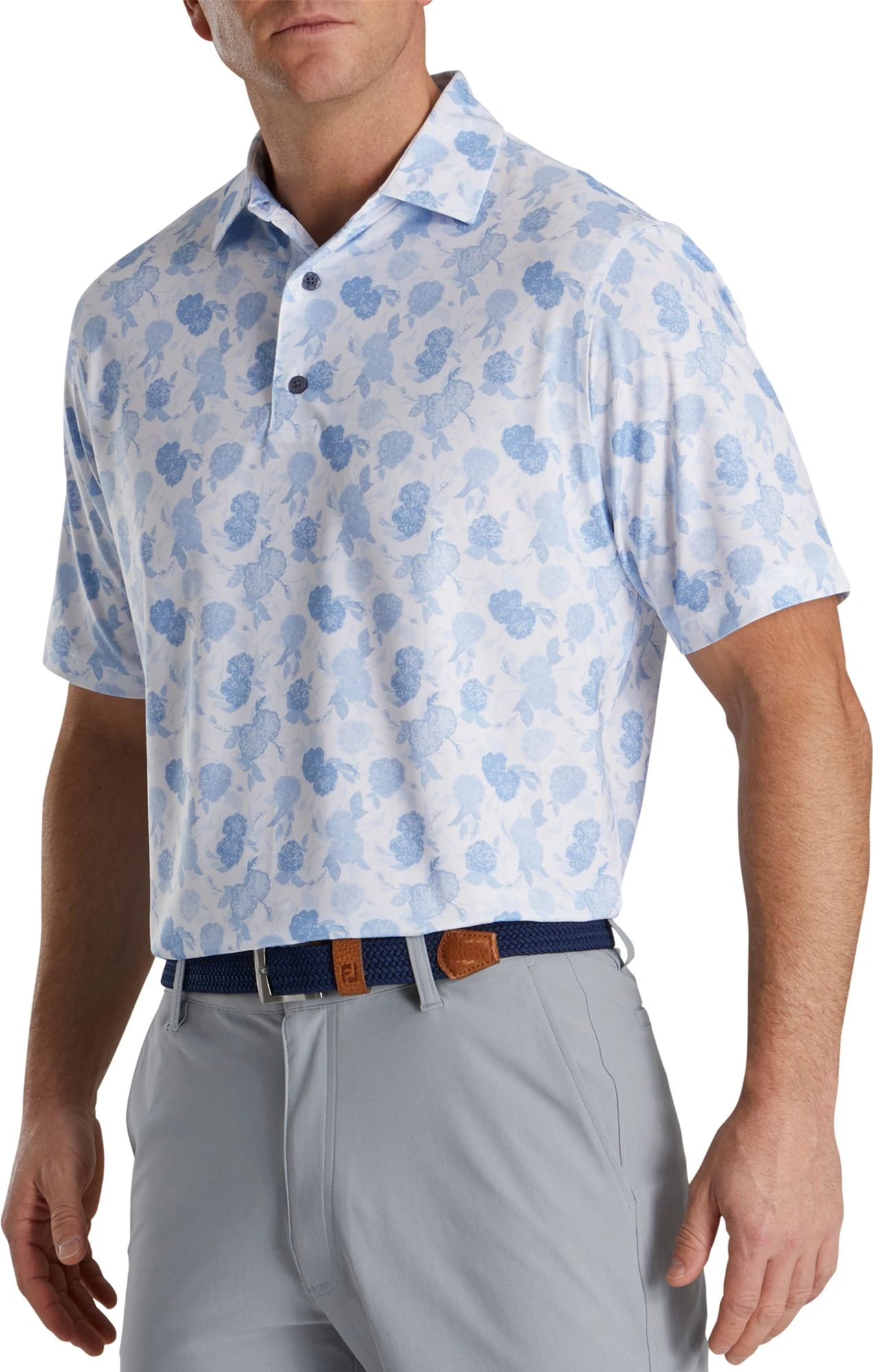 FootJoy Men's Vintage Floral Print Lisle Self Collar Golf Polo Sky 3 FootJoy Men's Vintage Floral Print Lisle Self Collar Golf Polo Sky