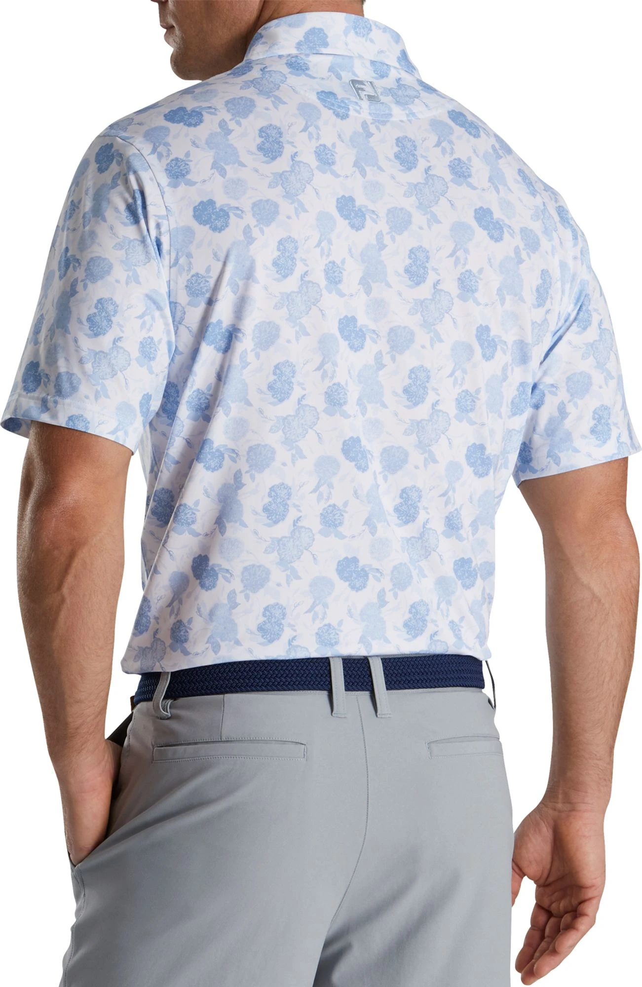 FootJoy Men's Vintage Floral Print Lisle Self Collar Golf Polo Sky 4 FootJoy Men's Vintage Floral Print Lisle Self Collar Golf Polo Sky - Image 2