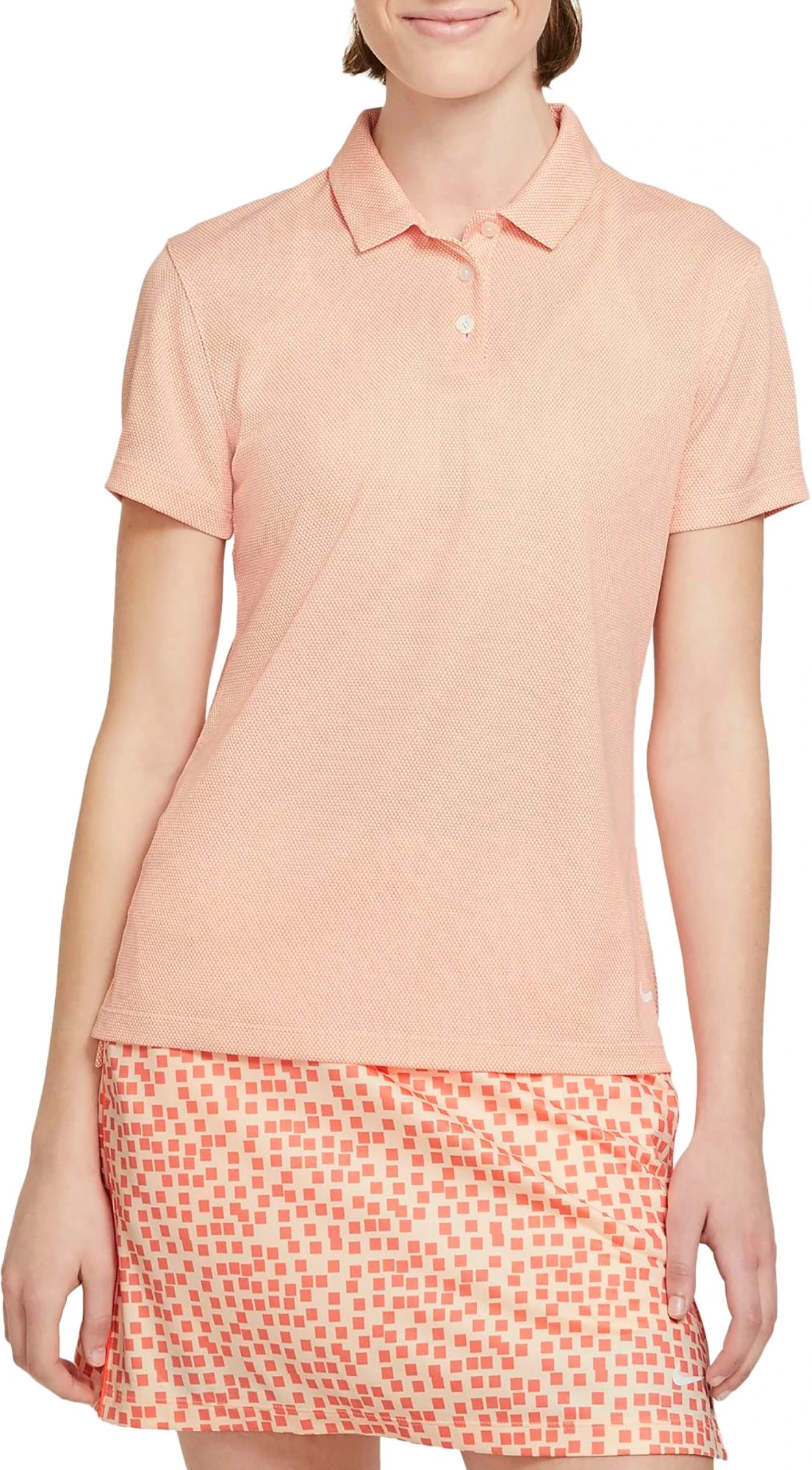 Nike Women's Dri-FIT Victory Textured Short Sleeve Golf Polo Crimson Tnt/brt Mango/wht 3 Nike Women's Dri-FIT Victory Textured Short Sleeve Golf Polo Crimson Tnt/brt Mango/wht