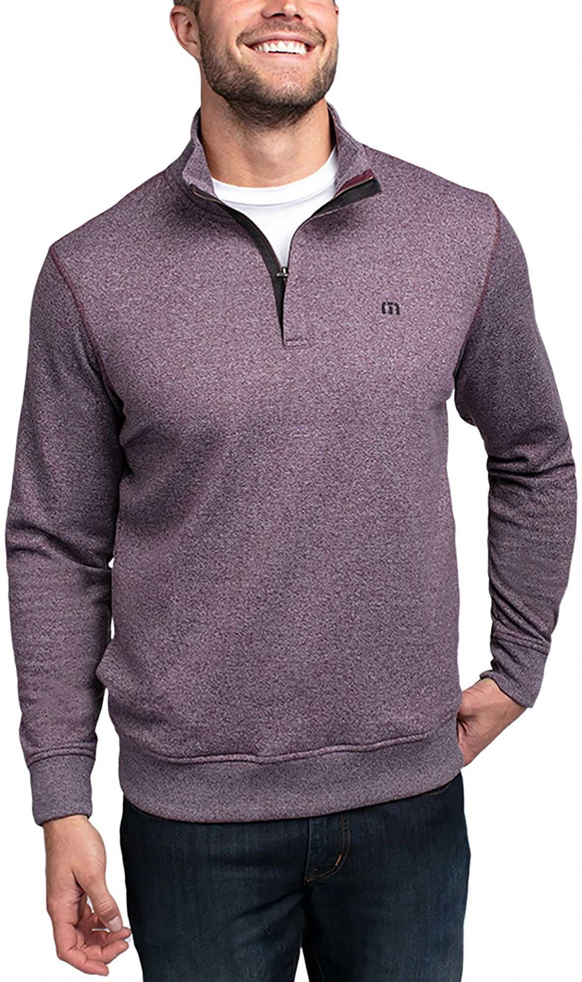 TravisMathew Men's Hideaway 1/4 Zip Golf Pullover Heather Winetasting 3 TravisMathew Men's Hideaway 1/4 Zip Golf Pullover Heather Winetasting