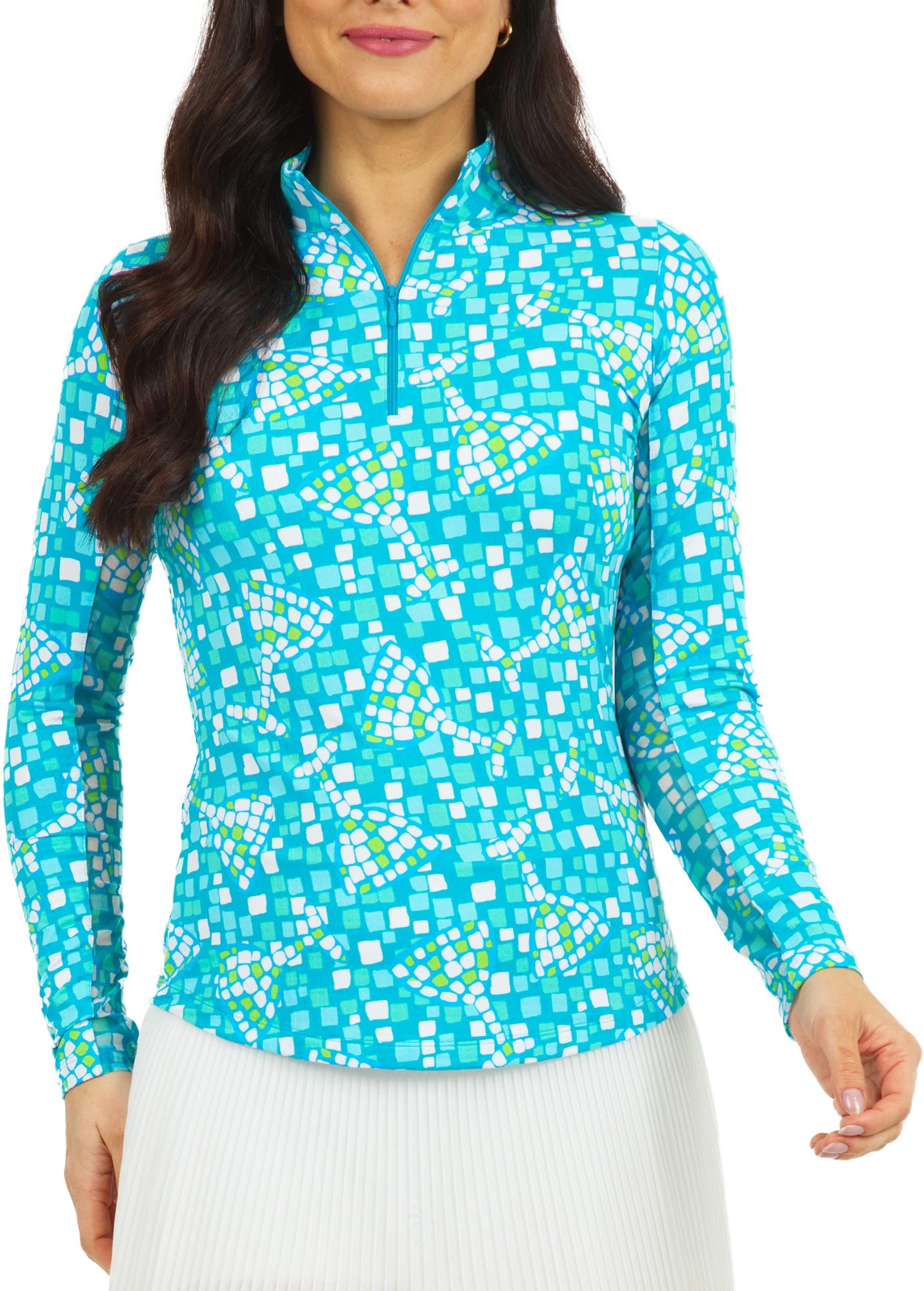 IBKUL Women's Long Sleeve Sun Golf Shirt Mosiac Wine Seafoam/lime 3 IBKUL Women's Long Sleeve Sun Golf Shirt Mosiac Wine Seafoam/lime