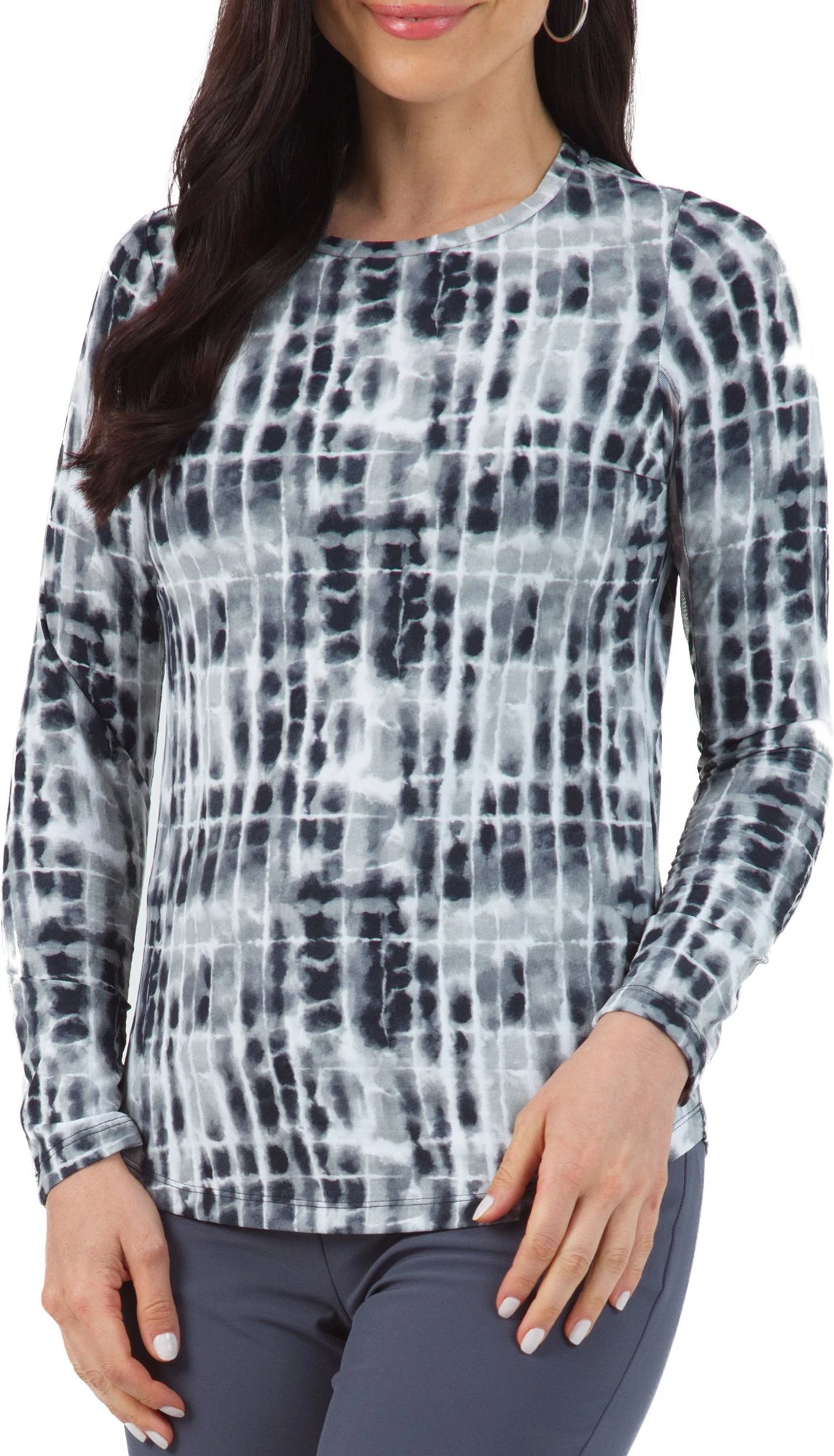 IBKUL Women's Rue Printed Long Sleeve Crewneck Sun Golf Shirt Black 3 IBKUL Women's Rue Printed Long Sleeve Crewneck Sun Golf Shirt Black