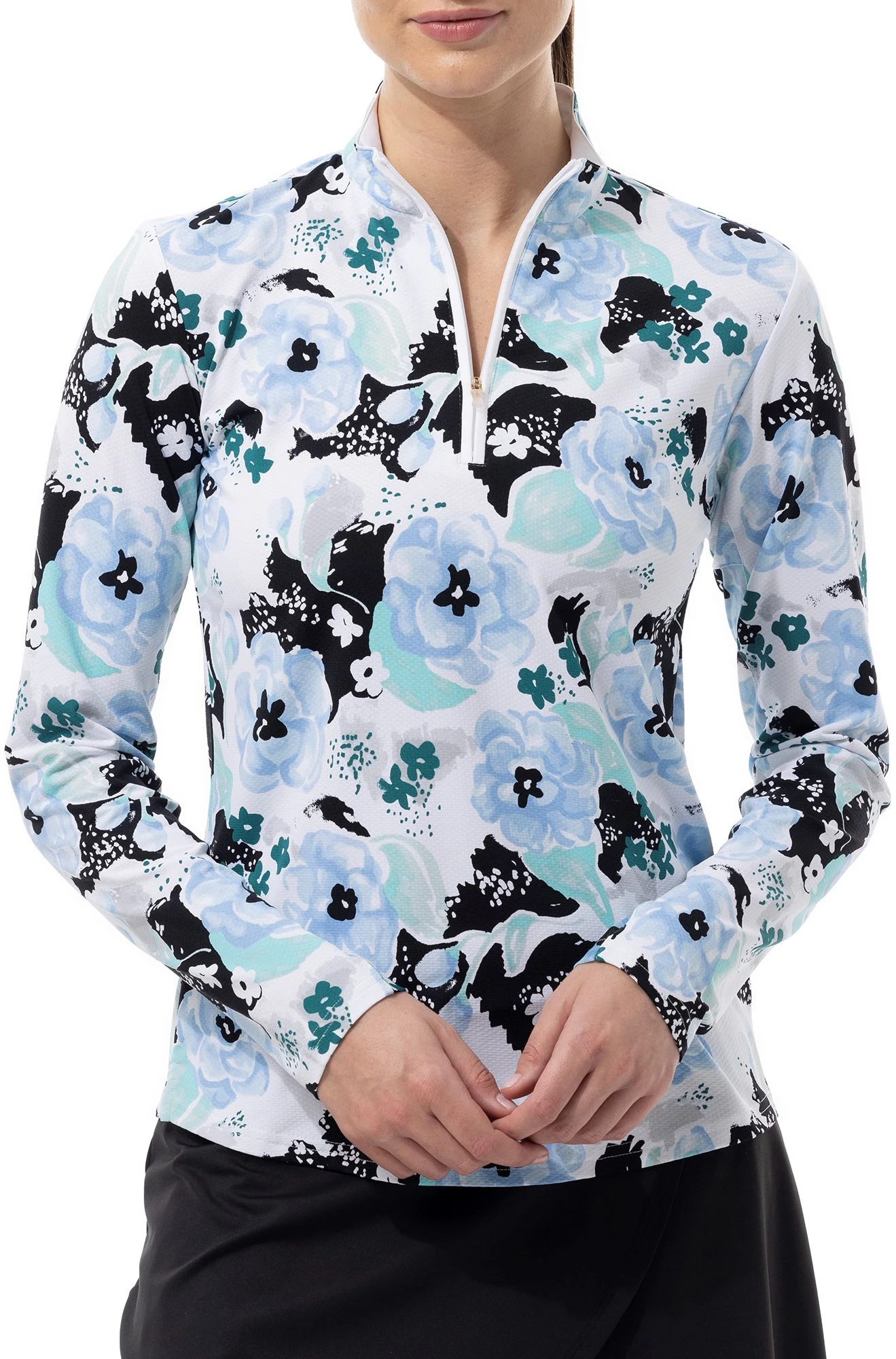 SanSoleil Women's Long Sleeve Printed Mock Neck Shirt Pineapple Black 3 SanSoleil Women's Long Sleeve Printed Mock Neck Shirt Pineapple Black