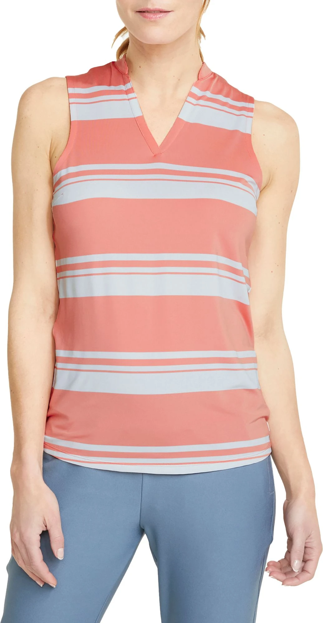 PUMA Women's CLOUDSPUN Valley Stripe Sleeveless Polo Lavendar Pop 3 PUMA Women's CLOUDSPUN Valley Stripe Sleeveless Polo Lavendar Pop
