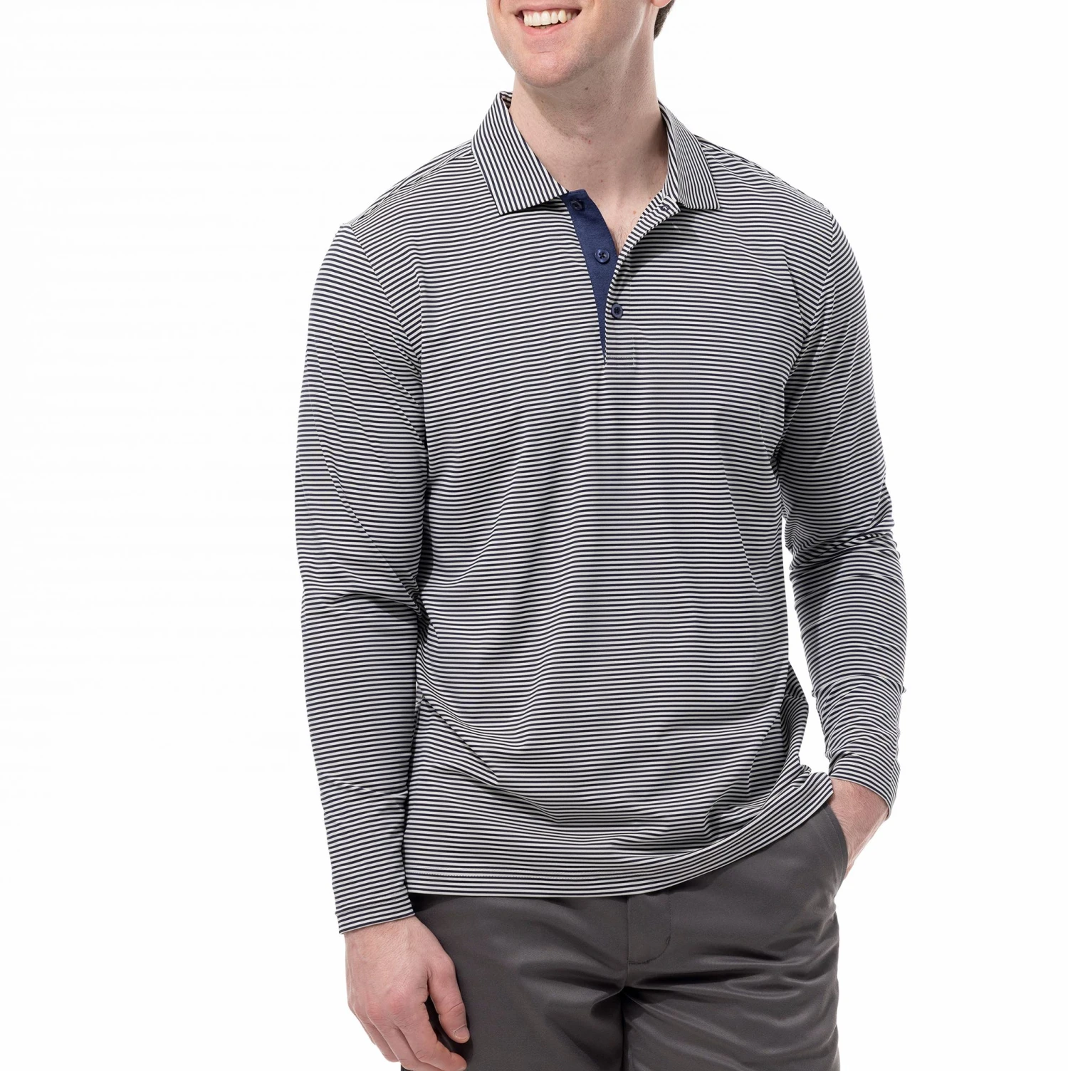 Sansoleil Men's Soltek Ice Long Sleeve Stripe Polo Vintage Blue/ink 3 Sansoleil Men's Soltek Ice Long Sleeve Stripe Polo Vintage Blue/ink