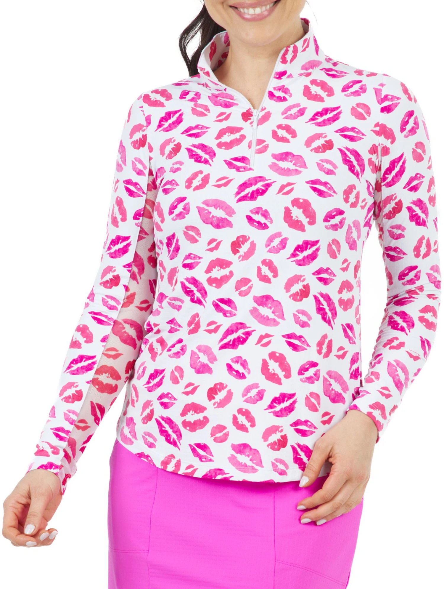 IBKUL Women's Kiss Me Kate Print Long Sleeve Golf Pullover Hot Pink/white 3 IBKUL Women's Kiss Me Kate Print Long Sleeve Golf Pullover Hot Pink/white