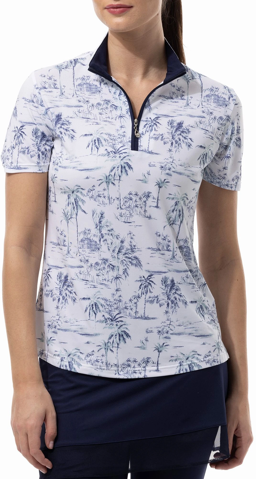 SanSoleil Women's Printed Short Sleeve Mock Neck Golf Polo Paradise Ink/sage 3 SanSoleil Women's Printed Short Sleeve Mock Neck Golf Polo Paradise Ink/sage