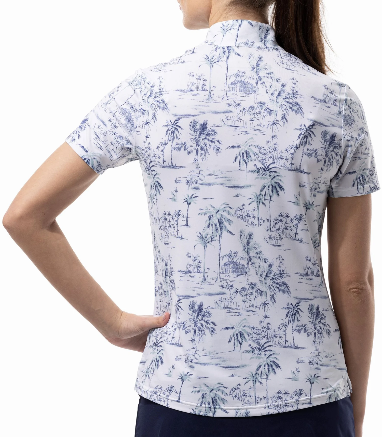 SanSoleil Women's Printed Short Sleeve Mock Neck Golf Polo Paradise Ink/sage 4 SanSoleil Women's Printed Short Sleeve Mock Neck Golf Polo Paradise Ink/sage - Image 2