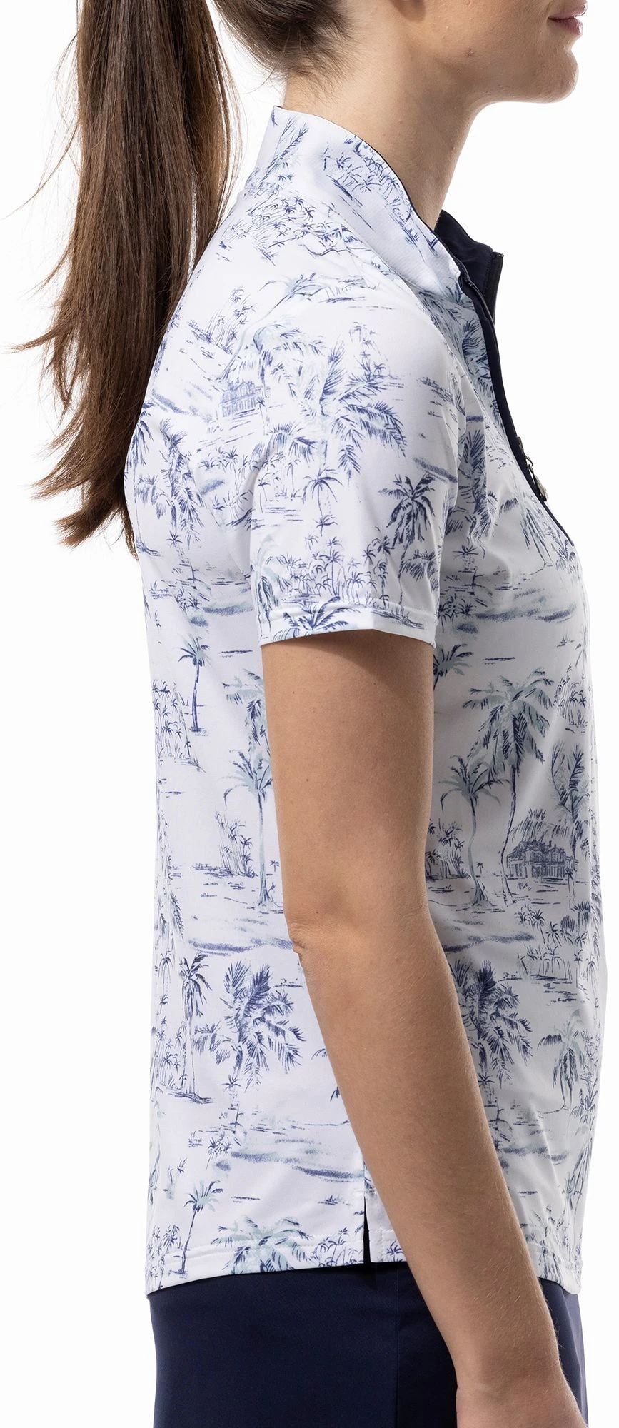 SanSoleil Women's Printed Short Sleeve Mock Neck Golf Polo Paradise Ink/sage 5 SanSoleil Women's Printed Short Sleeve Mock Neck Golf Polo Paradise Ink/sage - Image 3