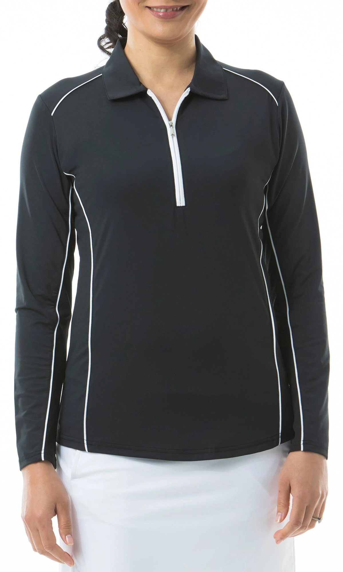 SanSoleil San Soleil Women's Sunglow Long Sleeve Piping Trim Golf Polo Black/white 3 SanSoleil San Soleil Women's Sunglow Long Sleeve Piping Trim Golf Polo Black/white