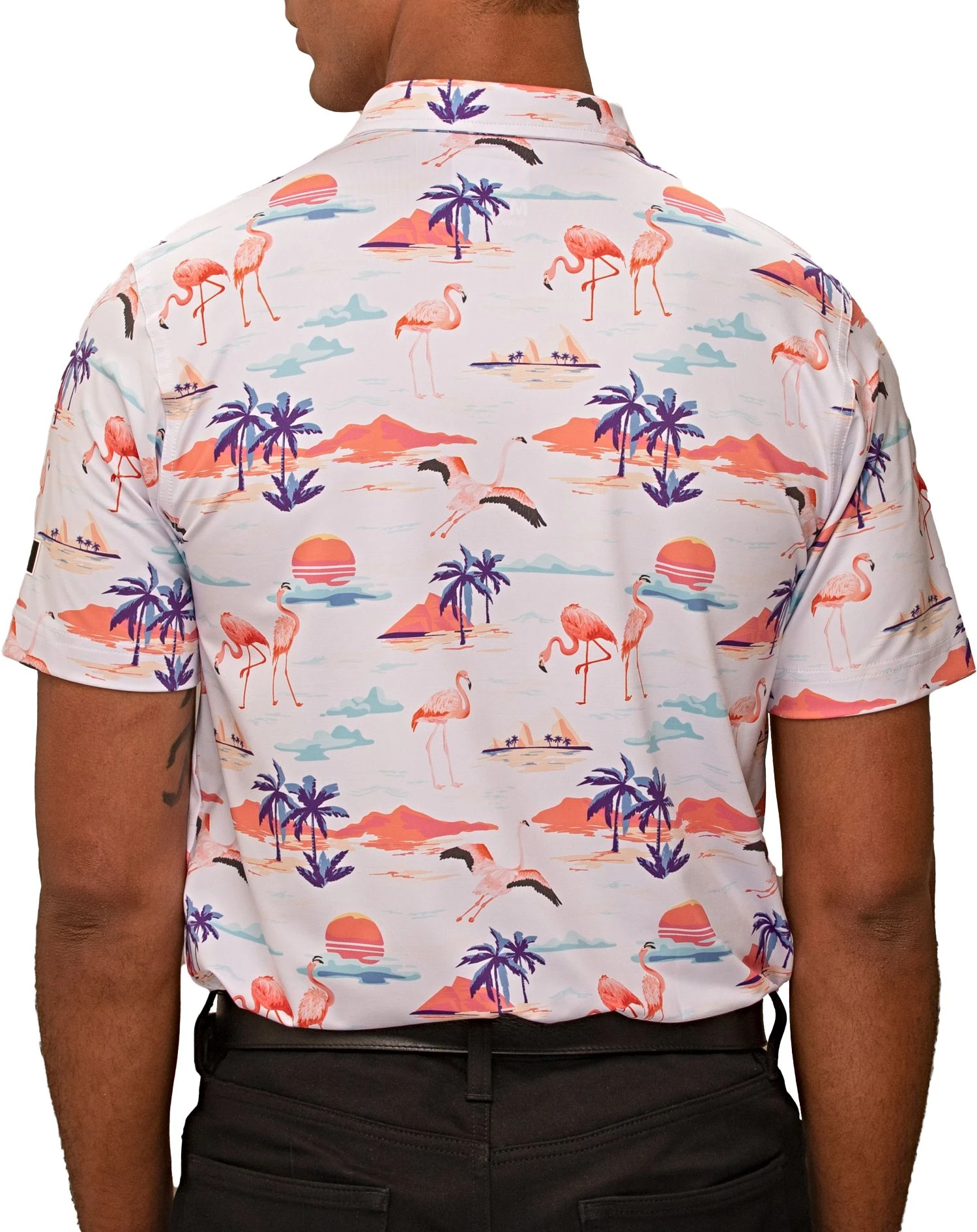 Waggle Men's Flamingo Sunset Golf Polo White/coral 4 Waggle Men's Flamingo Sunset Golf Polo White/coral - Image 2
