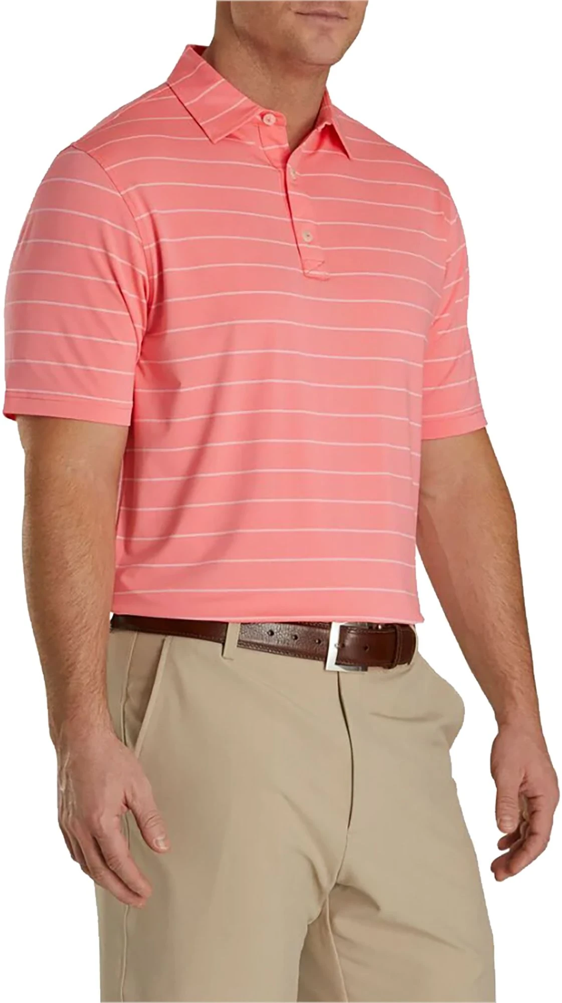 FootJoy Men's Lisle Feeder Stripe Self Collar Golf Polo Watermelon/white 3 FootJoy Men's Lisle Feeder Stripe Self Collar Golf Polo Watermelon/white