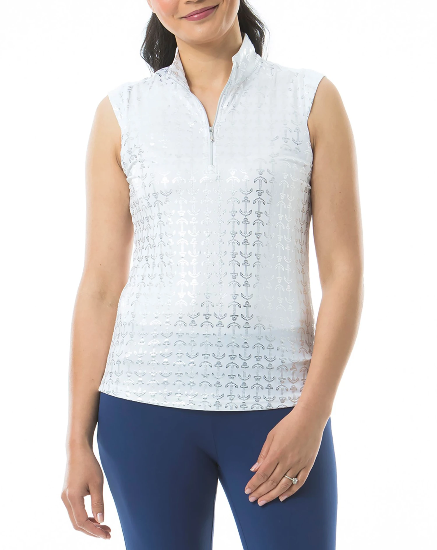 SanSoleil Women's Solshine Sleeveless Printed Golf Polo Anchors Away White Silver 3 SanSoleil Women's Solshine Sleeveless Printed Golf Polo Anchors Away White Silver