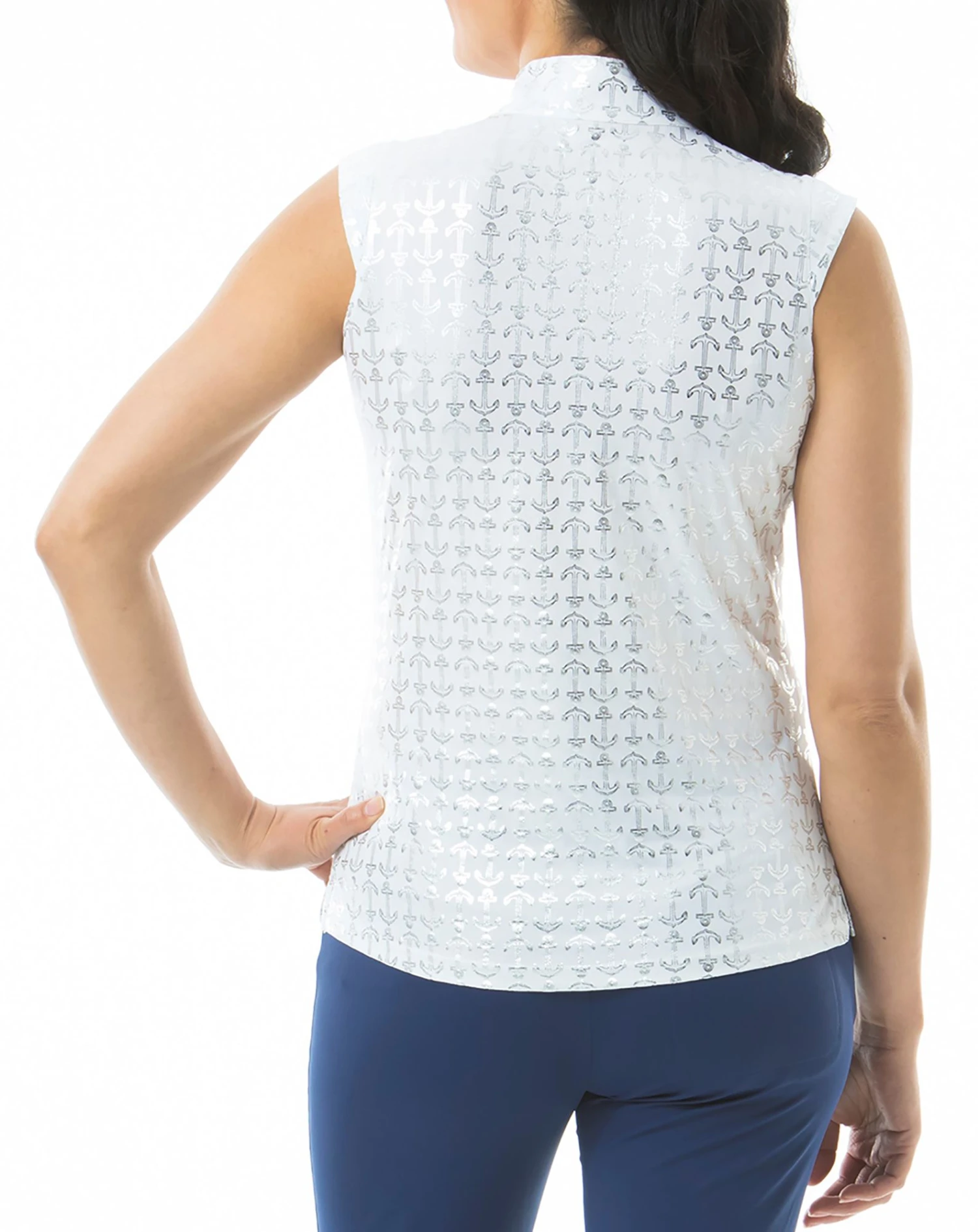 SanSoleil Women's Solshine Sleeveless Printed Golf Polo Anchors Away White Silver 4 SanSoleil Women's Solshine Sleeveless Printed Golf Polo Anchors Away White Silver - Image 2