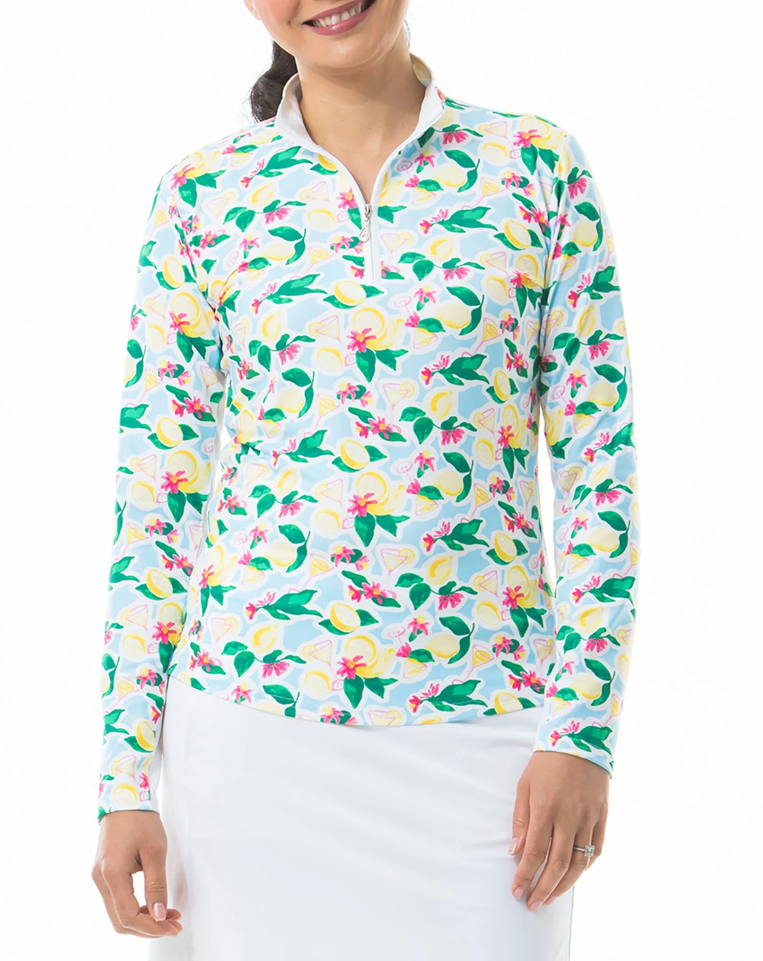 SanSoleil Women's SolCool Printed 1/4 Zip Long Sleeve Golf Top Lemon Drop 3 SanSoleil Women's SolCool Printed 1/4 Zip Long Sleeve Golf Top Lemon Drop
