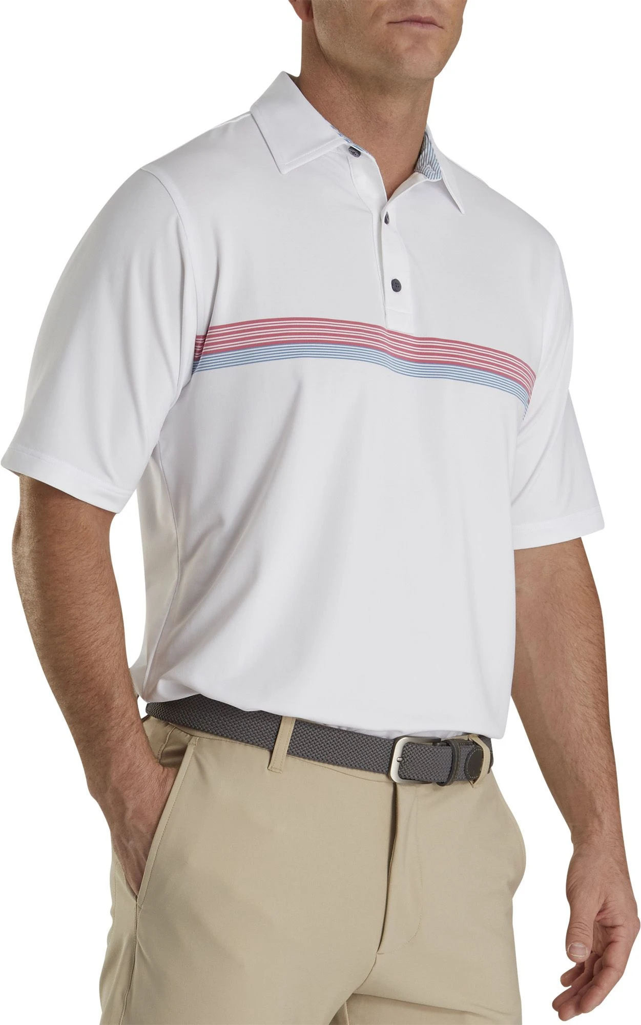 FootJoy Men's Lisle Chestband Golf Polo White/cape Red/storm Blue 3 FootJoy Men's Lisle Chestband Golf Polo White/cape Red/storm Blue