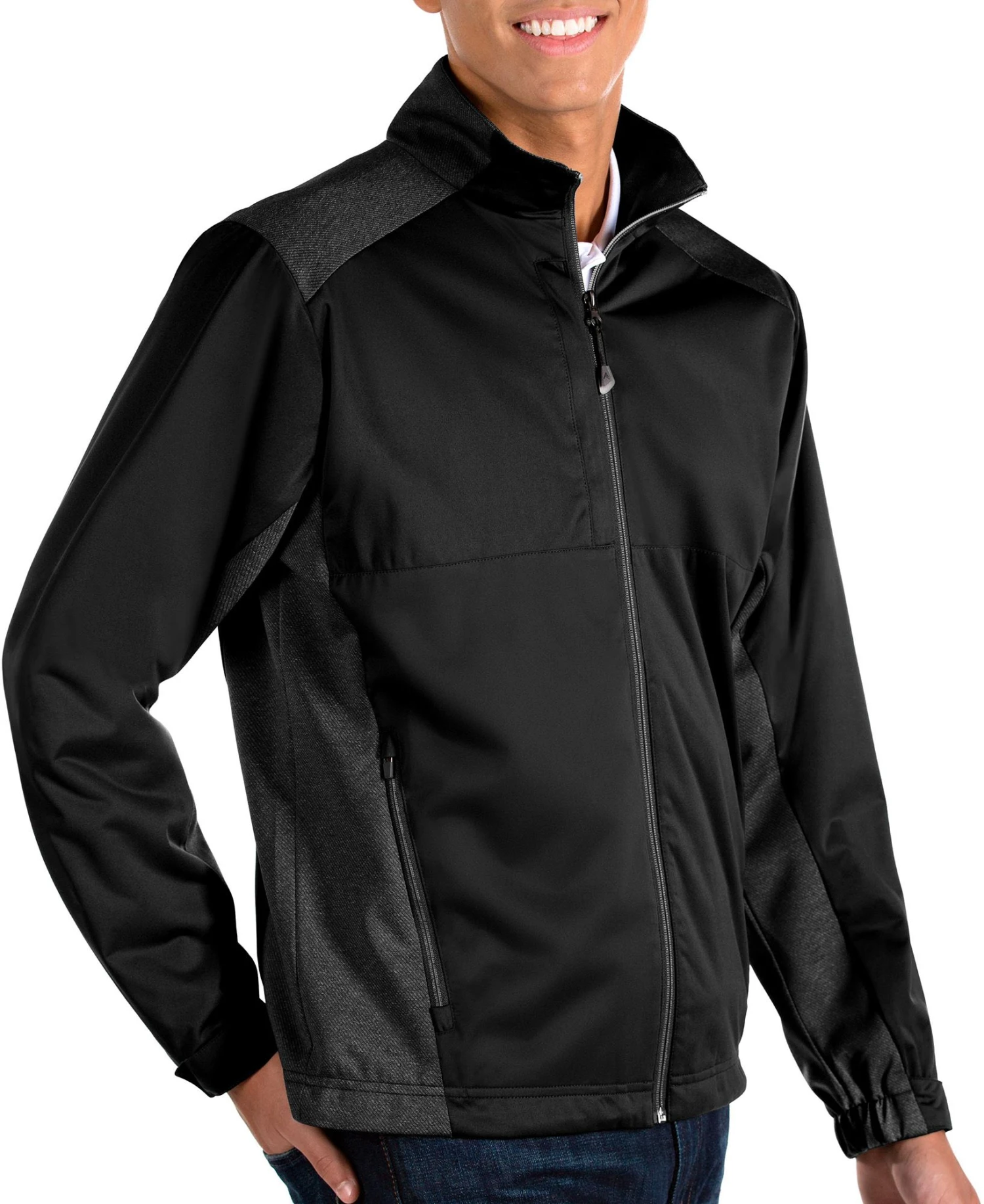 Antigua Men's Revolve Long Sleeve Full Zip Jacket Black/black Heather 3 Antigua Men's Revolve Long Sleeve Full Zip Jacket Black/black Heather