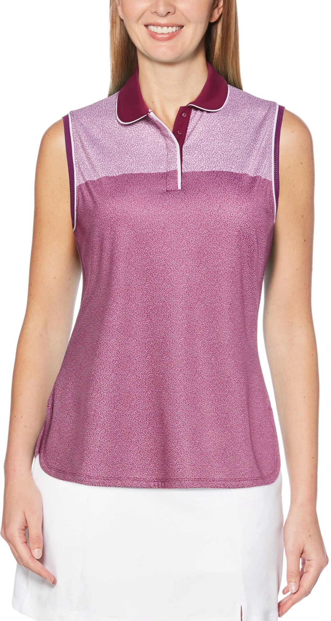 Callaway Women's Mini Leaf Print Color Block Sleeveless Golf Polo Magenta Purple 3 Callaway Women's Mini Leaf Print Color Block Sleeveless Golf Polo Magenta Purple