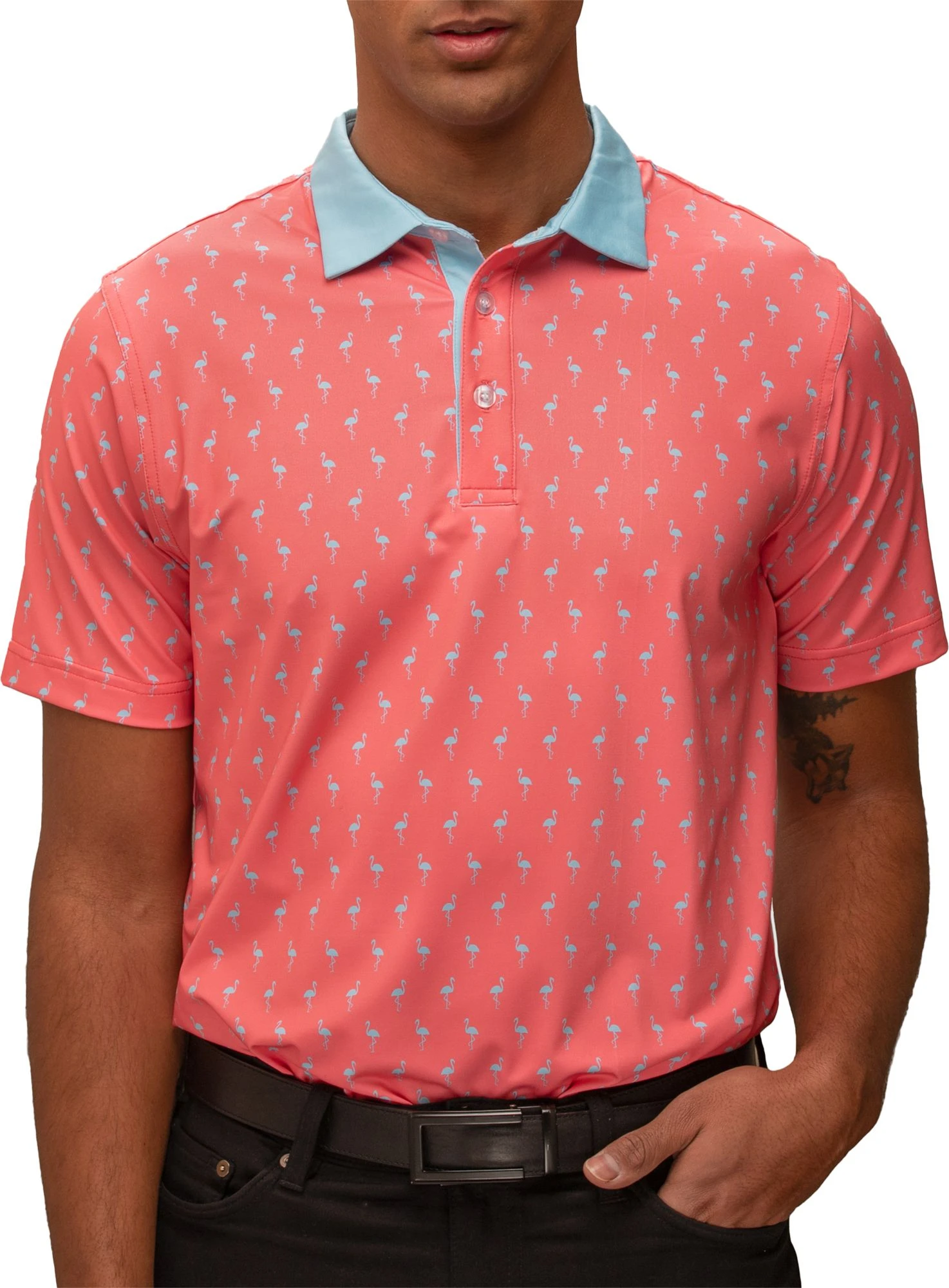 Waggle Men's Many Mingos Golf Polo Pink/blue 3 Waggle Men's Many Mingos Golf Polo Pink/blue