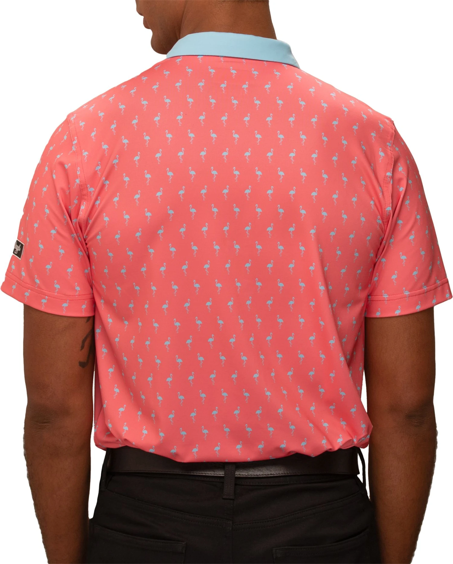 Waggle Men's Many Mingos Golf Polo Pink/blue 4 Waggle Men's Many Mingos Golf Polo Pink/blue - Image 2