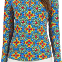 IBKUL Women's Long Sleeve 1/4 Scarlet Print Zip Mock Neck Golf Polo Scarlet Turq Multi