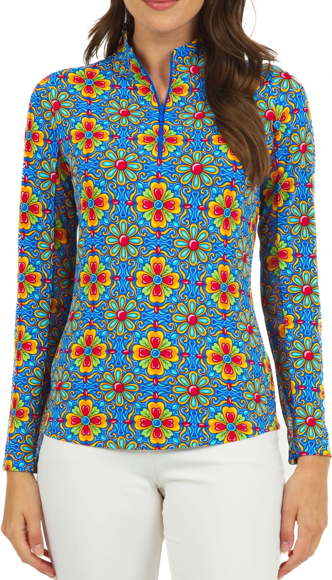 IBKUL Women's Long Sleeve 1/4 Scarlet Print Zip Mock Neck Golf Polo Scarlet Turq Multi 3 IBKUL Women's Long Sleeve 1/4 Scarlet Print Zip Mock Neck Golf Polo Scarlet Turq Multi