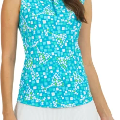 IBKUL Women's Sleeveless 1/4 Zip Limited Edition Mosaic Print Golf Polo Mosiac Wine Seafoam/lime