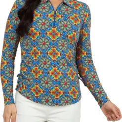 IBKUL Women's Long Sleeve Scarlet Print 1/4 Zip Golf Polo Scarlet Blue Multi