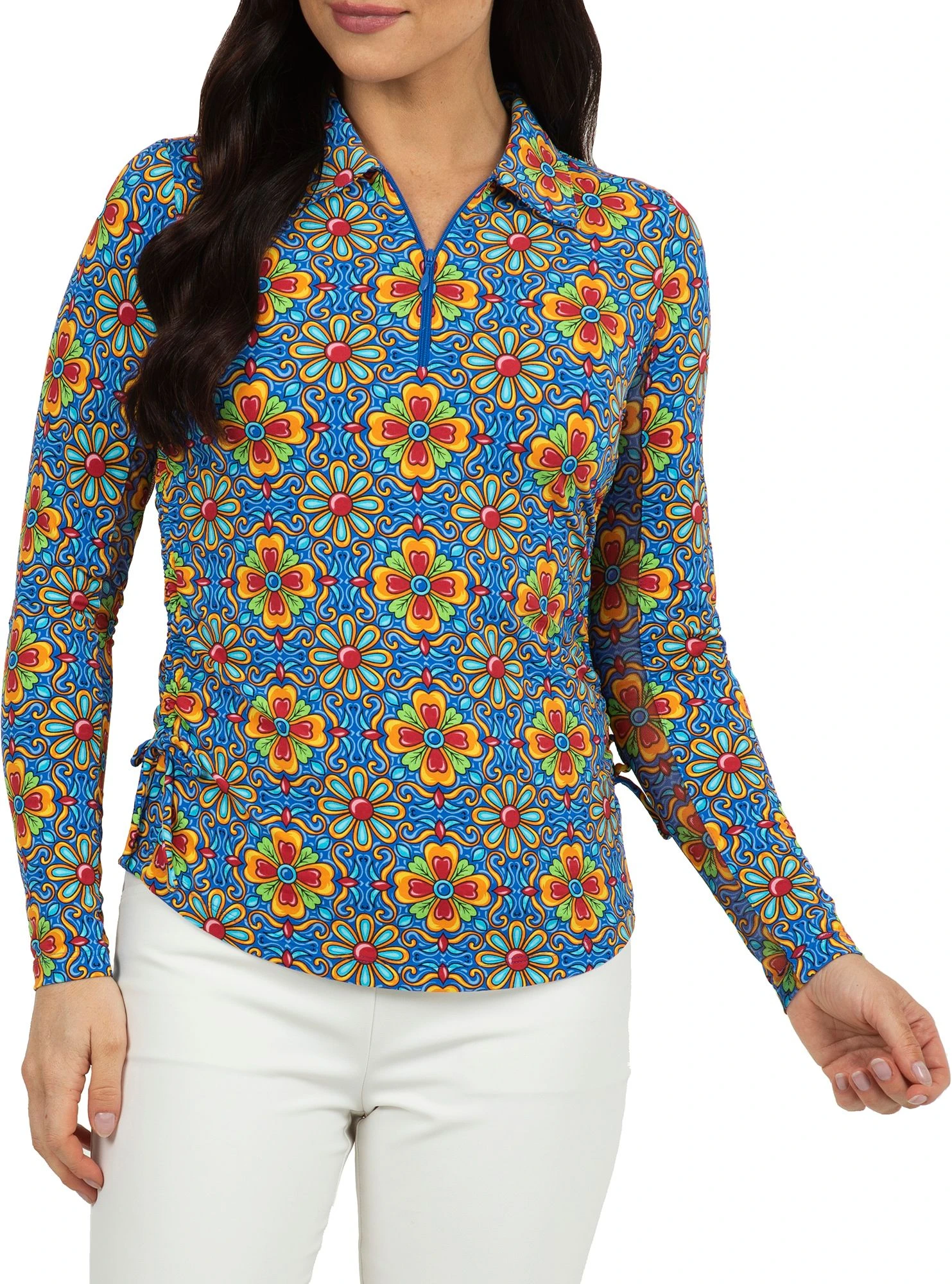 IBKUL Women's Long Sleeve Scarlet Print 1/4 Zip Golf Polo Scarlet Blue Multi 3 IBKUL Women's Long Sleeve Scarlet Print 1/4 Zip Golf Polo Scarlet Blue Multi