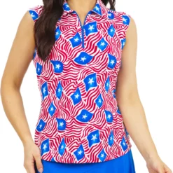 IBKUL Women's Sleeveless 1/4 Zip Limited Edition Rylee Print Golf Polo Rylee Blue/red