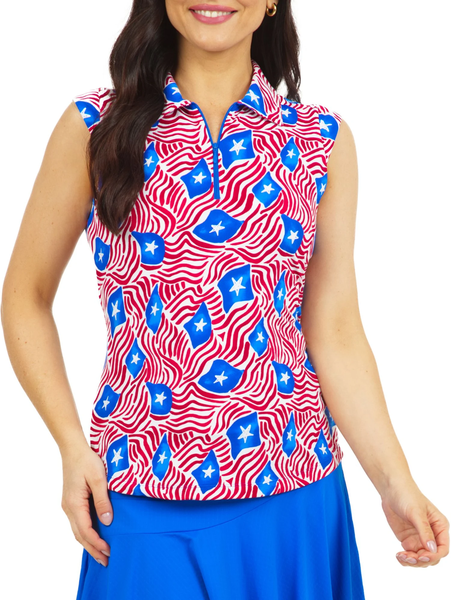 IBKUL Women's Sleeveless 1/4 Zip Limited Edition Rylee Print Golf Polo Rylee Blue/red 3 IBKUL Women's Sleeveless 1/4 Zip Limited Edition Rylee Print Golf Polo Rylee Blue/red