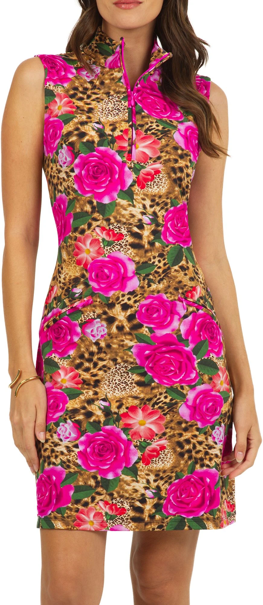 IBKUL Women's Sleeveless Jovanna Print 1/4 Zip Mock Golf Dress Jovanna Tan/hot Pink 3 IBKUL Women's Sleeveless Jovanna Print 1/4 Zip Mock Golf Dress Jovanna Tan/hot Pink