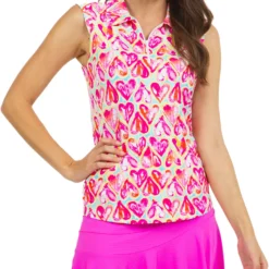 IBKUL Women's Sleeveless 1/4 Zip Limited Edition Audrey Print Golf Polo Audrey Seafoam