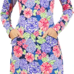 IBKUL Women's Larisa Long Sleeve Mock Neck Golf Dress Larisa Navy Multi